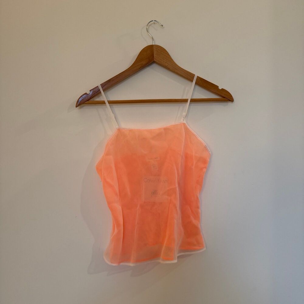 NWT Vintage 1995 Calvin Klein Sheer Mesh Tank Top Neon Orange Cami Small Deadsto
